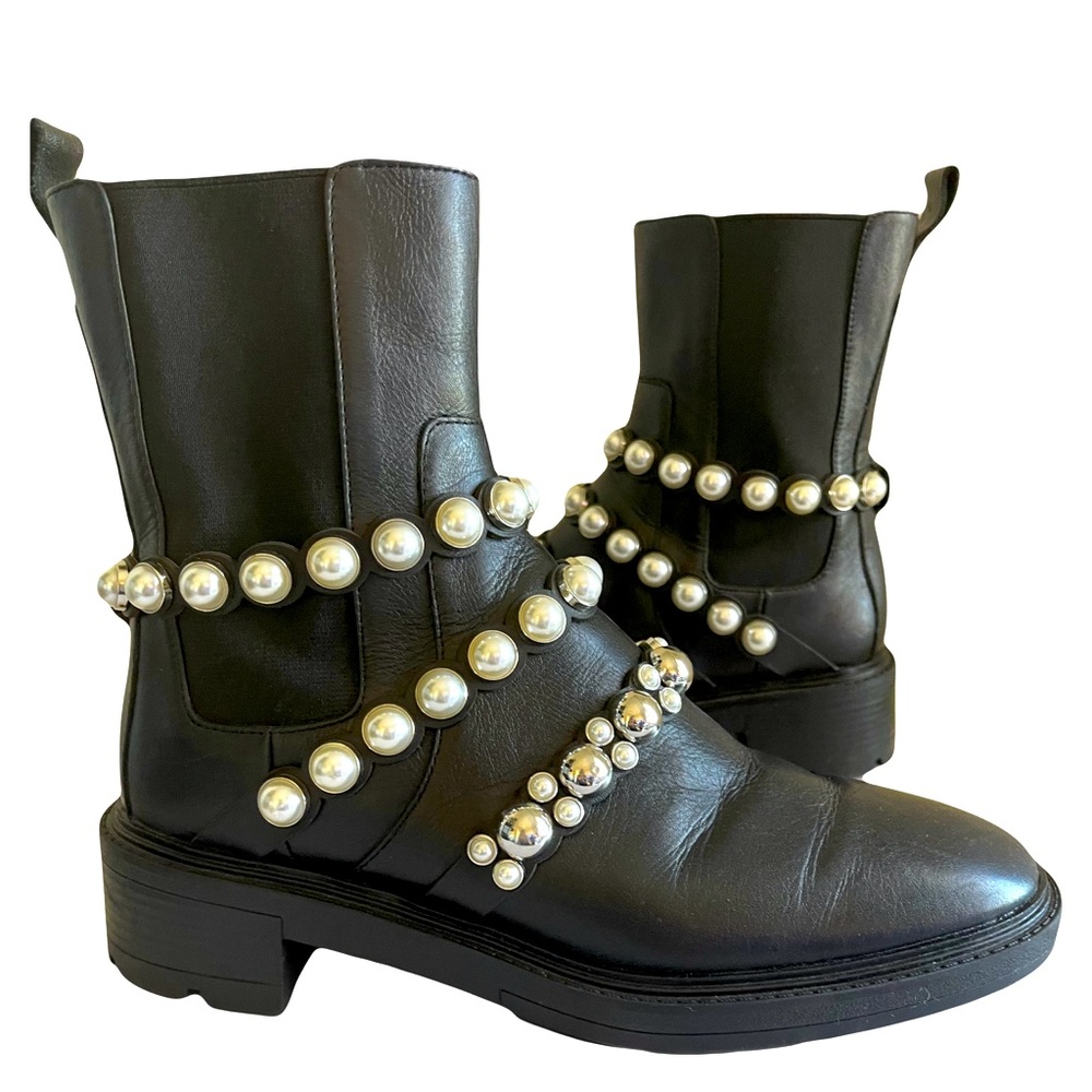 New ZARA Pearl Stud Embellished Chunky Chelsea Boots Black Combat Lug Sole S…